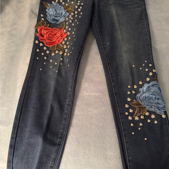 Boom Boom Jeans Dark Blue Skinny Jeans with Red & Light Blue Floral Appliqué - Picture 3 of 9